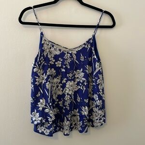 Flowy Boho Style Thin Strapped Blue Top with White Flower Pattern